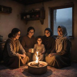 A heartwarming depiction of a Kurdish family seated together in front of a glowing stove, each family member with a cup of hot tea in hand, while rain drizzles outside