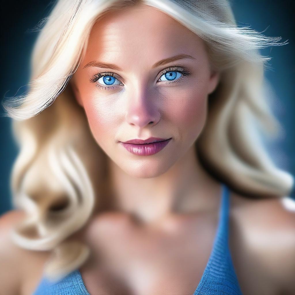 A digital art piece suitable for mature audiences, showcasing a striking blonde girl with blue eyes
