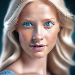 A digital art piece suitable for mature audiences, showcasing a striking blonde girl with blue eyes
