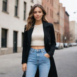 A stylish girl wearing a cream crop top paired with a black jean coat