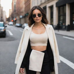 A stylish girl wearing a cream crop top paired with a black jean coat