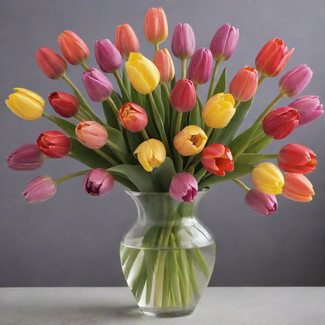 A magnificent vase filled with an array of tulips of diverse and vibrant colors