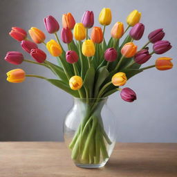 A magnificent vase filled with an array of tulips of diverse and vibrant colors