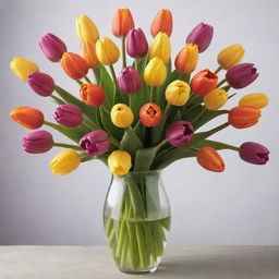 A magnificent vase filled with an array of tulips of diverse and vibrant colors