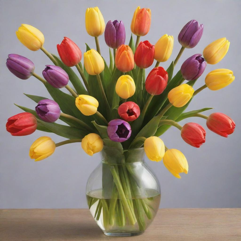 A magnificent vase filled with an array of tulips of diverse and vibrant colors