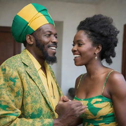 A Jamaican man in vibrant traditional attire, passionately expressing his thoughts to a woman who listens attentively