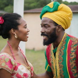 A Jamaican man in vibrant traditional attire, passionately expressing his thoughts to a woman who listens attentively