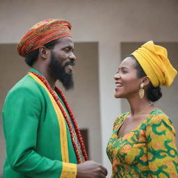 A Jamaican man in vibrant traditional attire, passionately expressing his thoughts to a woman who listens attentively