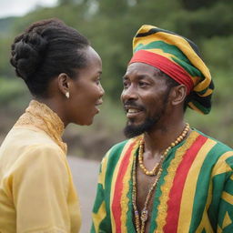 A Jamaican man in vibrant traditional attire, passionately expressing his thoughts to a woman who listens attentively