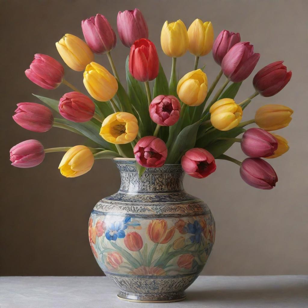 An antique vase of magnificent design, filled with a vibrant array of tulips of diverse colors