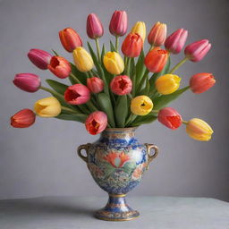 An antique vase of magnificent design, filled with a vibrant array of tulips of diverse colors