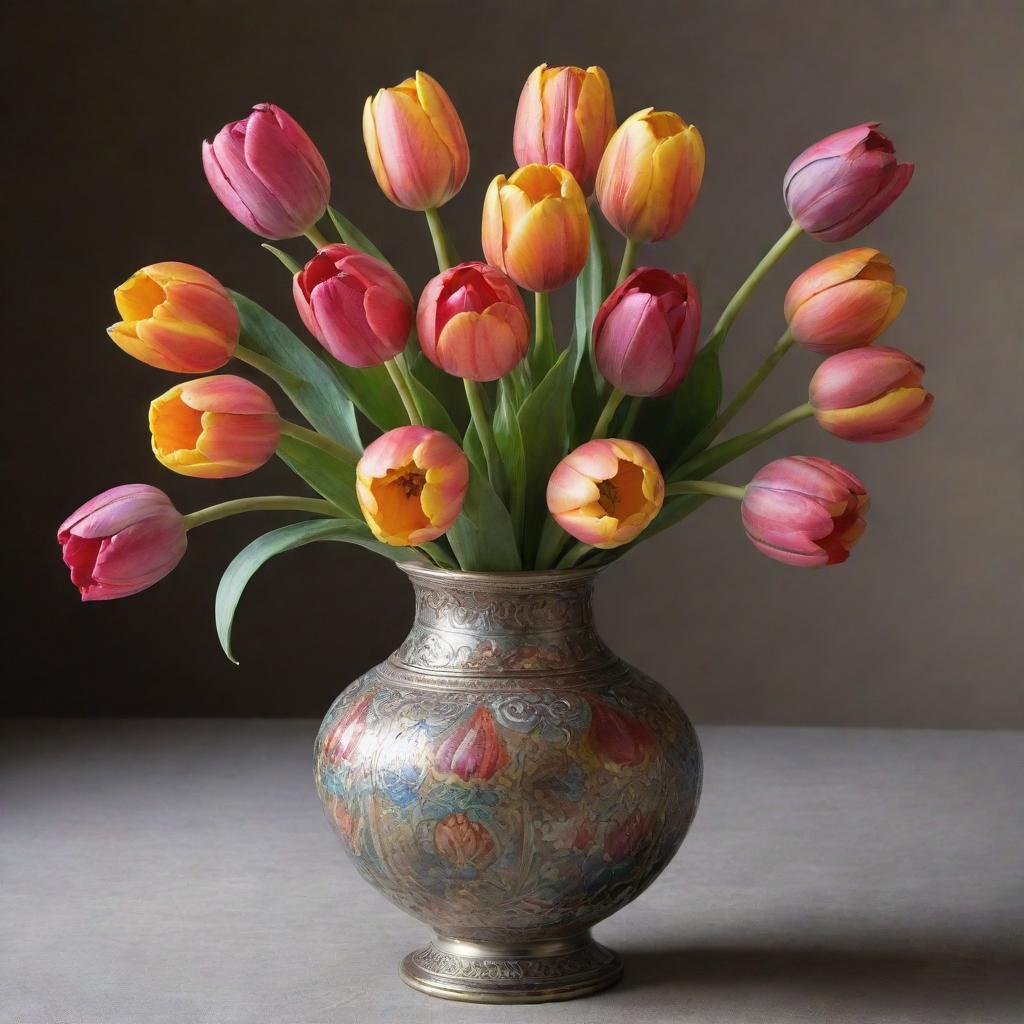 An antique vase of magnificent design, filled with a vibrant array of tulips of diverse colors