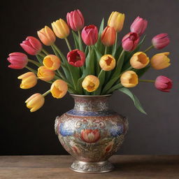 An antique vase of magnificent design, filled with a vibrant array of tulips of diverse colors