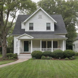 A cozy and inviting home, with well-manicured lawns, large windows, and a charming porch.