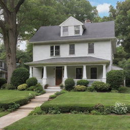 A cozy and inviting home, with well-manicured lawns, large windows, and a charming porch.