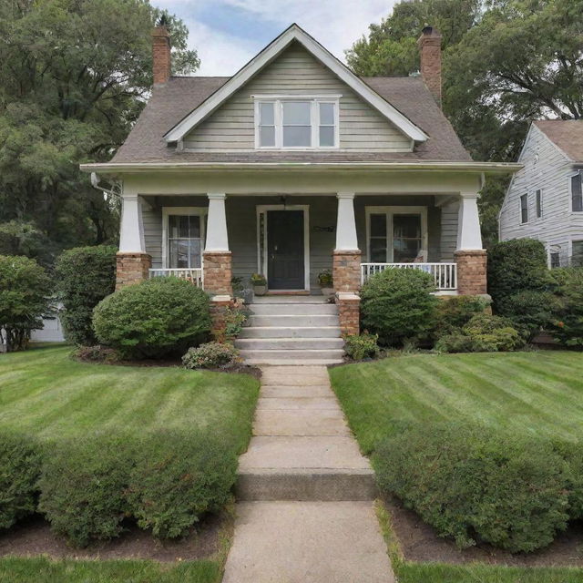 A cozy and inviting home, with well-manicured lawns, large windows, and a charming porch.