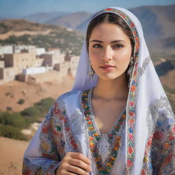 A traditional Algerian girl in a colourful kaftan with intricate patterns, silver jewelry, and a white hijab, with a backdrop of beautiful Algerian landscape