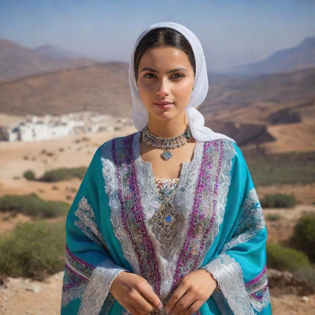 A traditional Algerian girl in a colourful kaftan with intricate patterns, silver jewelry, and a white hijab, with a backdrop of beautiful Algerian landscape