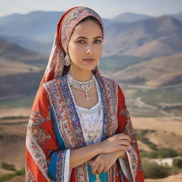 A traditional Algerian girl in a colourful kaftan with intricate patterns, silver jewelry, and a white hijab, with a backdrop of beautiful Algerian landscape