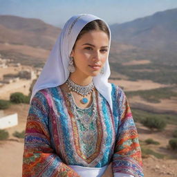 A traditional Algerian girl in a colourful kaftan with intricate patterns, silver jewelry, and a white hijab, with a backdrop of beautiful Algerian landscape