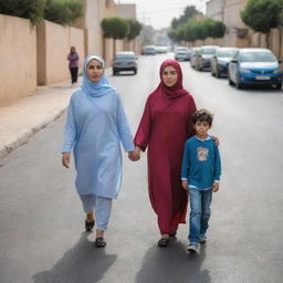 A Moroccan woman in her 30s, wearing a hijab, crosses the road. She is holding the hand of her 7-year-old daughter Nour, who is not wearing a hijab, on her left, and her 7-year-old son Imran on her right.