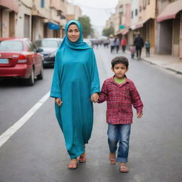 A Moroccan woman in her 30s, wearing a hijab, crosses the road. She is holding the hand of her 7-year-old daughter Nour, who is not wearing a hijab, on her left, and her 7-year-old son Imran on her right.