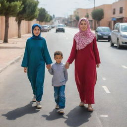 A Moroccan woman in her 30s, wearing a hijab, crosses the road. She is holding the hand of her 7-year-old daughter Nour, who is not wearing a hijab, on her left, and her 7-year-old son Imran on her right.