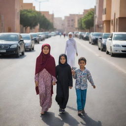 A Moroccan woman in her 30s, wearing a hijab, crosses the road. She is holding the hand of her 7-year-old daughter Nour, who is not wearing a hijab, on her left, and her 7-year-old son Imran on her right.