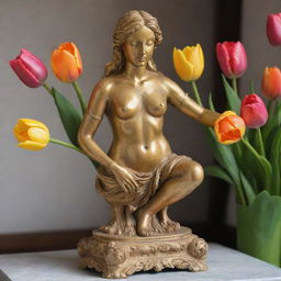 An antique golden sculpture embellished with vibrant tulips of various colors