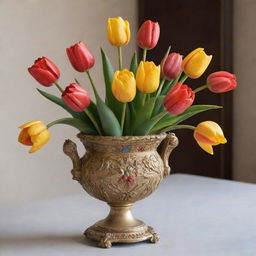 An antique golden sculpture embellished with vibrant tulips of various colors