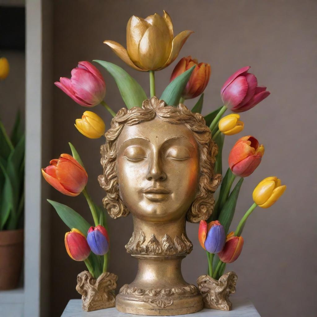 An antique golden sculpture embellished with vibrant tulips of various colors