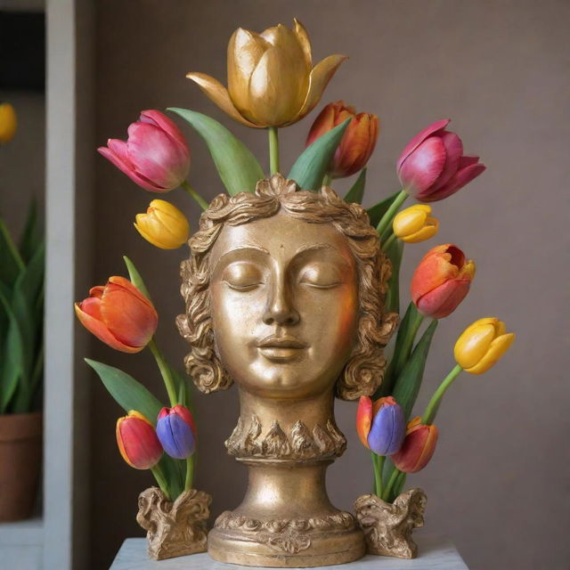 An antique golden sculpture embellished with vibrant tulips of various colors