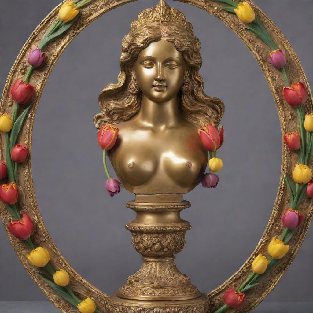 An antique golden sculpture embellished with vibrant tulips of various colors