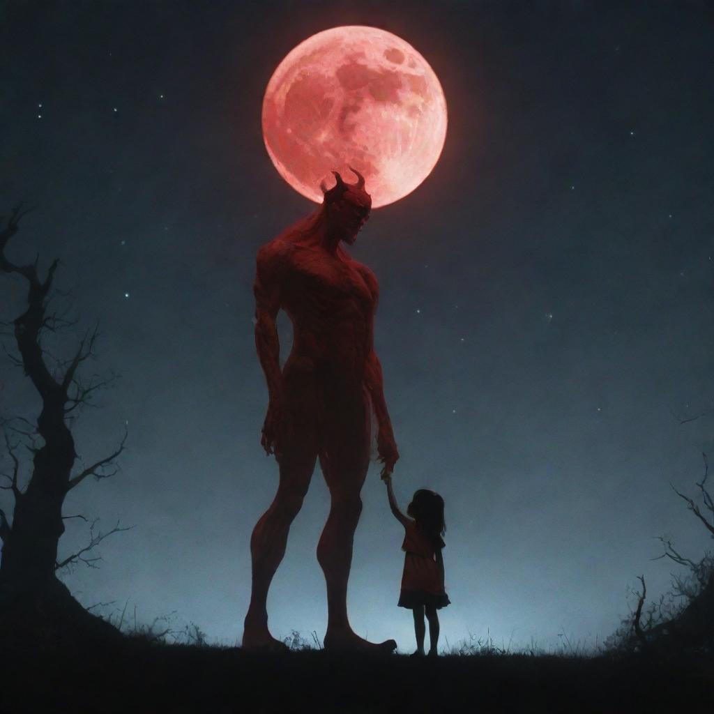 An eerie red demon towering over a small, innocent girl, both contrastingly standing under a moonlit night sky.