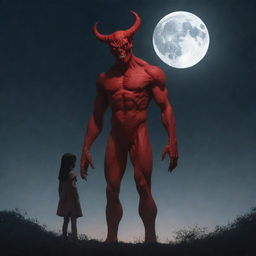 An eerie red demon towering over a small, innocent girl, both contrastingly standing under a moonlit night sky.