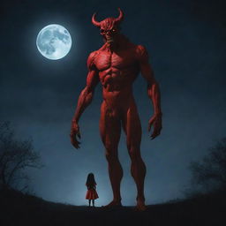 An eerie red demon towering over a small, innocent girl, both contrastingly standing under a moonlit night sky.