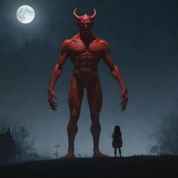 An eerie red demon towering over a small, innocent girl, both contrastingly standing under a moonlit night sky.