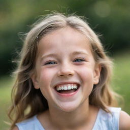 A portrait of a young girl laughing heartily with her eyes sparkling full of life, innocence, and joy.