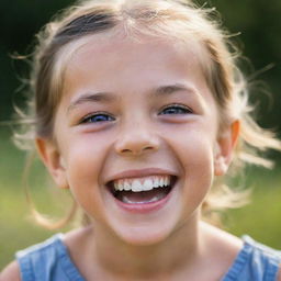 A portrait of a young girl laughing heartily with her eyes sparkling full of life, innocence, and joy.