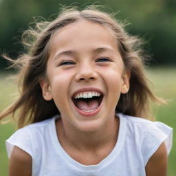 A portrait of a young girl laughing heartily with her eyes sparkling full of life, innocence, and joy.