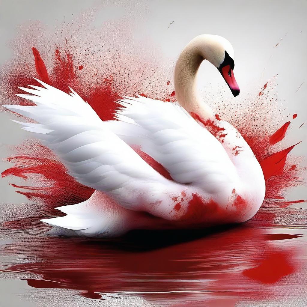 A digital art piece depicting a swan, its feathers stained with splotches of blood