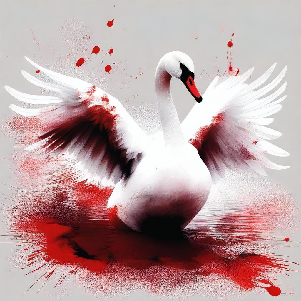 A digital art piece depicting a swan, its feathers stained with splotches of blood