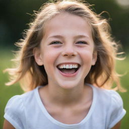 A portrait of a young girl laughing heartily with her eyes sparkling full of life, innocence, and joy.