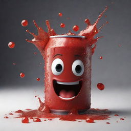 A lively, animated cola can joyfully dancing with splashes of fizzy cola bursting around.