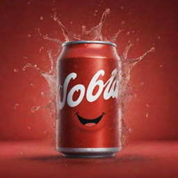 A lively, animated cola can joyfully dancing with splashes of fizzy cola bursting around.