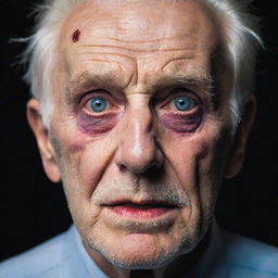 A distressing image of an elderly man's face, worn by time, eerily accentuated with vibrant and theatrical makeup.