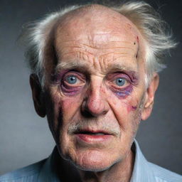 A distressing image of an elderly man's face, worn by time, eerily accentuated with vibrant and theatrical makeup.