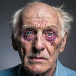 A distressing image of an elderly man's face, worn by time, eerily accentuated with vibrant and theatrical makeup.