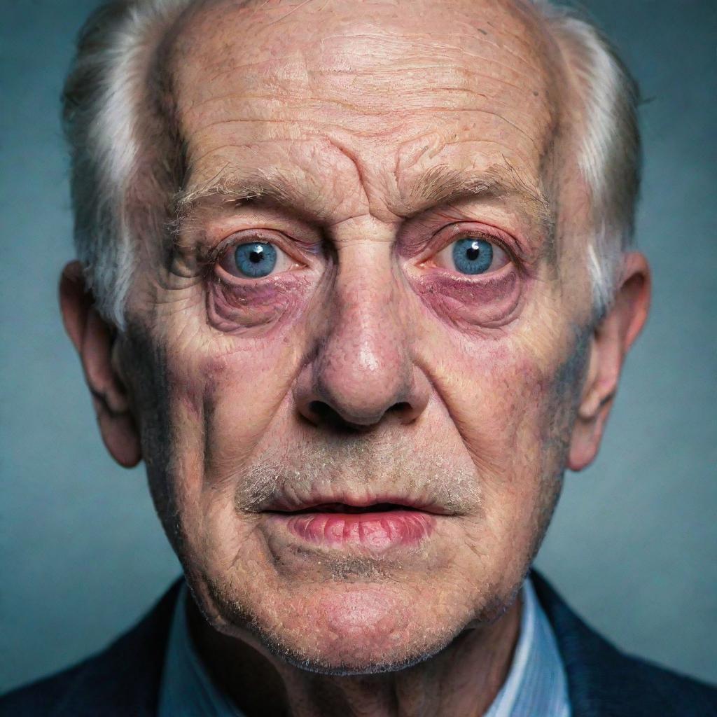 A distressing image of an elderly man's face, worn by time, eerily accentuated with vibrant and theatrical makeup.