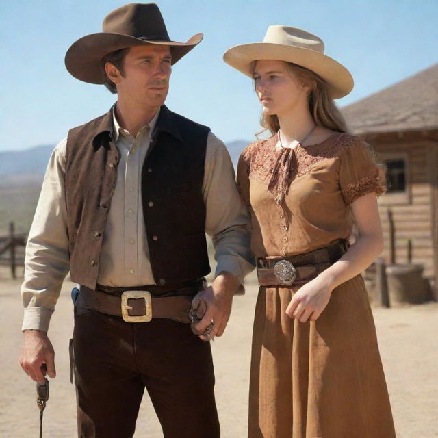 A youthful sheriff in a traditional Western outfit, professionally handcuffing a girl under the blazing sun.